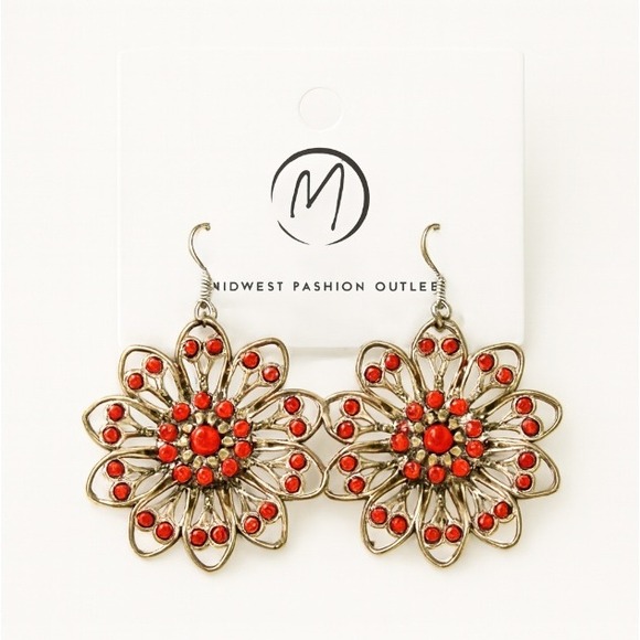 Midwest Fashion Outlet Women's Gold Tone Red Flower Dangle Earrings - Picture 2 of 5